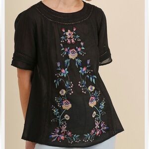 Umgee Floral Embroidered Boho Bohemian Top with Black Flowers Women’s Size L